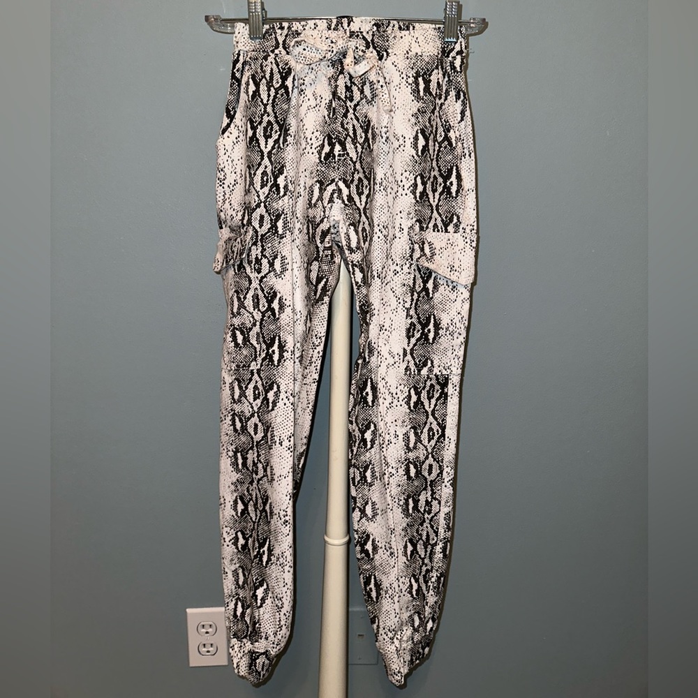 White and black, snake print, tight cargo pants